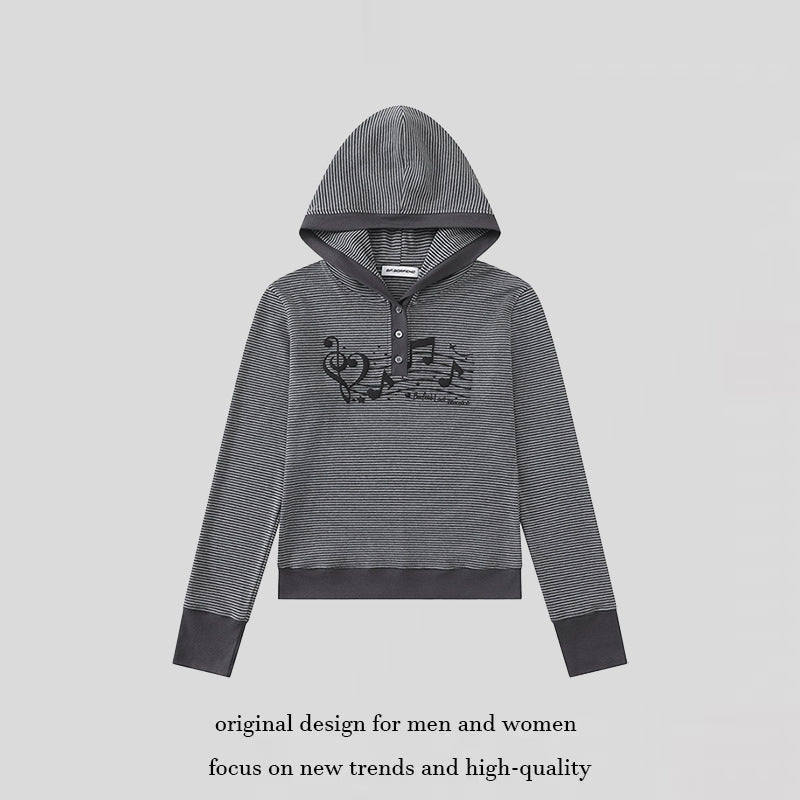 Damen Kapuzen-Henley-Pullover aus leichtem Streifenjersey mit Musik-Print Nord Taschen