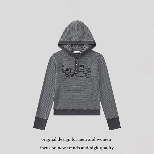 Damen Kapuzen-Henley-Pullover aus leichtem Streifenjersey mit Musik-Print Nord Taschen