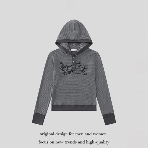 Damen Kapuzen-Henley-Pullover aus leichtem Streifenjersey mit Musik-Print Nord Taschen