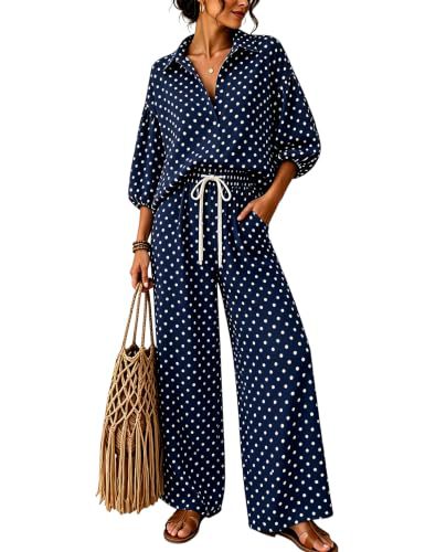 Damen Gepunktetes Zweiteiliges Lounge-Set mit Hemdblusen-Oberteil und Kordelzug-Weitbundhose Nord Taschen