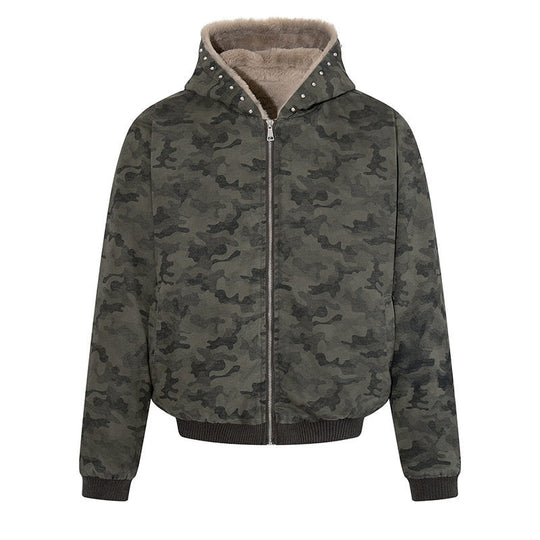 Damen gefütterte Camouflage-Bomberjacke mit Teddy-Innenfutter, Kapuze und Rippbündchen Nord Taschen