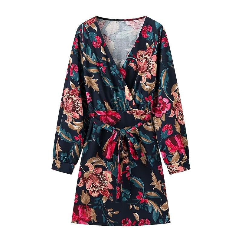 Damen Wickel‑Minikleid mit floralem Alloverprint, V‑Ausschnitt und Taillenband Nord Taschen