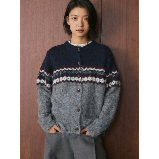 Damen Norwegermuster Mohair-Optik Strickjacke mit Knopfleiste und Rundhalsausschnitt Nord Taschen
