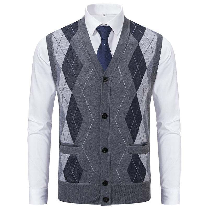 Herren Ärmellose Strickweste mit Rauten‑Muster, V‑Ausschnitt und Knopfleiste Nord Taschen