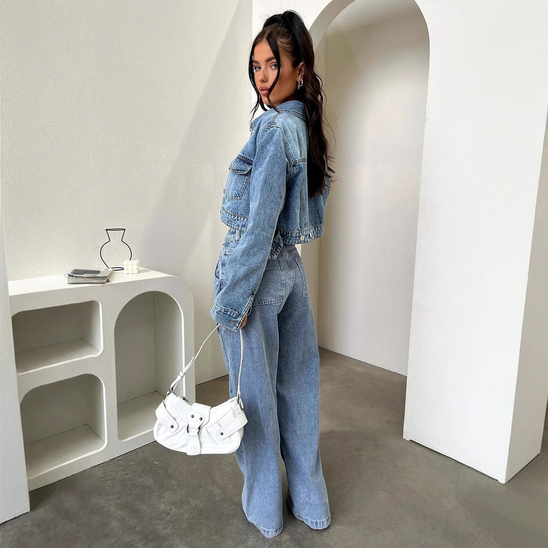 Damen High‑Waist Utility-Denimhose mit aufgesetzten Knie-Patches, Cargo‑Taschen und weitem Schlag Nord Taschen