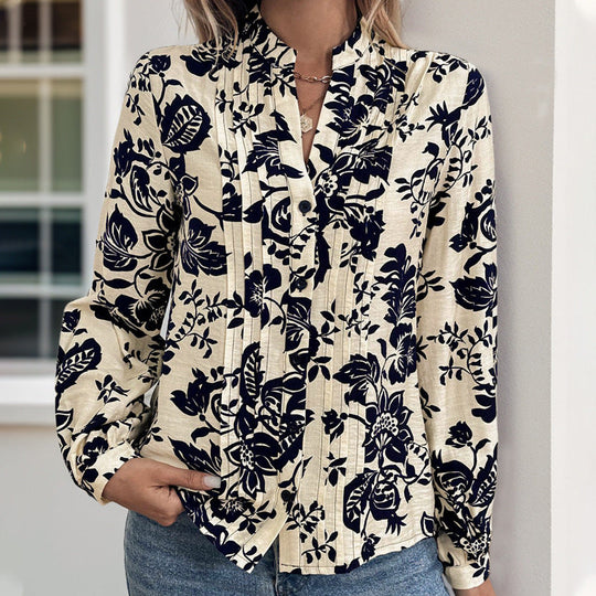 Damen Florale Viskose-Bluse mit Stehkragen, Kellerfalten und verdeckter Knopfleiste Nord Taschen