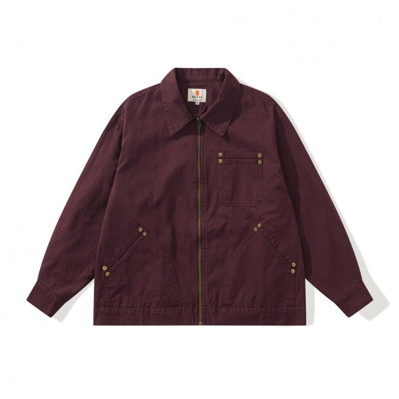 Unisex Kastenförmige Canvas-Worker-Jacke mit Frontreißverschluss und Nietapplikationen Nord Taschen