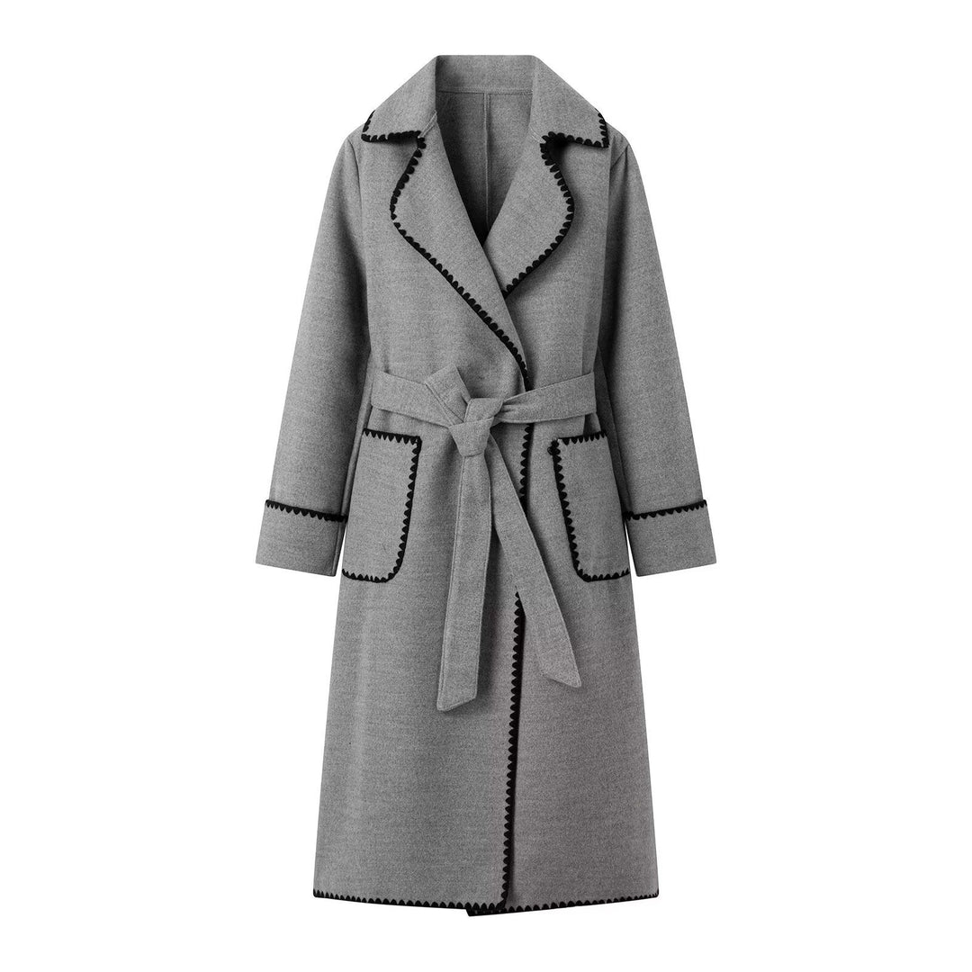 Damen Midilanger Wollmix-Mantel mit Bindegürtel und Zickzack‑Besatz Nord Taschen
