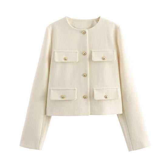 Damen Bouclé-Cropped-Jacke mit vier Pattentaschen und goldenen Schmuckknöpfen Nord Taschen