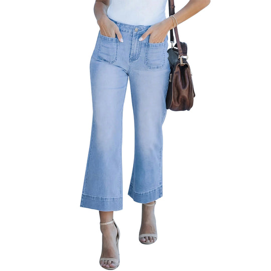Damen Hochtaillierte Culotte-Jeans mit weitem Bein und aufgesetzten Vordertaschen Nord Taschen