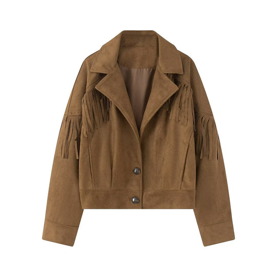Damen Kurzjacke im Wildleder‑Look mit Fransenbesatz und Hemdkragen Nord Taschen