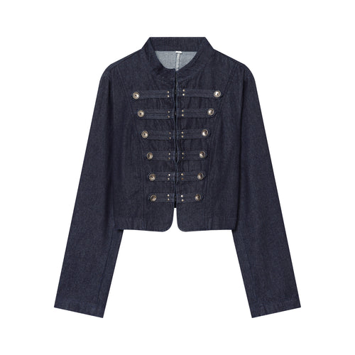 Damen Cropped Denim‑Militärjacke mit Stehkragen und dekorischer Zierknopfleiste Nord Taschen