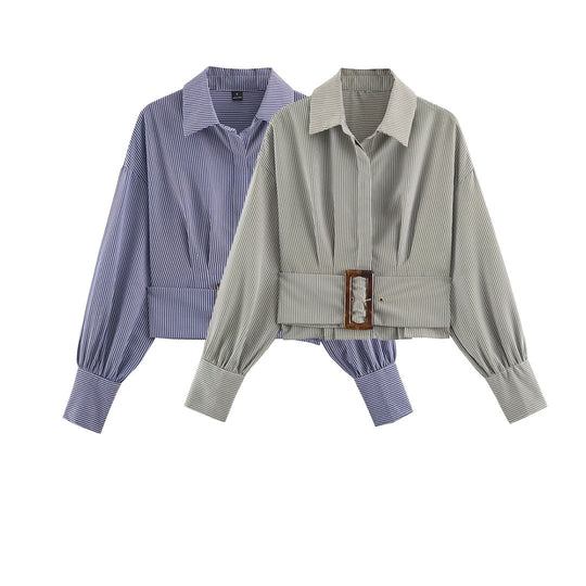 Damen Cropped Hemdbluse mit breitem Taillenriegel und Oversize-Ärmeln Nord Taschen