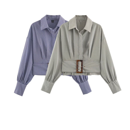 Damen Cropped Hemdbluse mit breitem Taillenriegel und Oversize-Ärmeln Nord Taschen