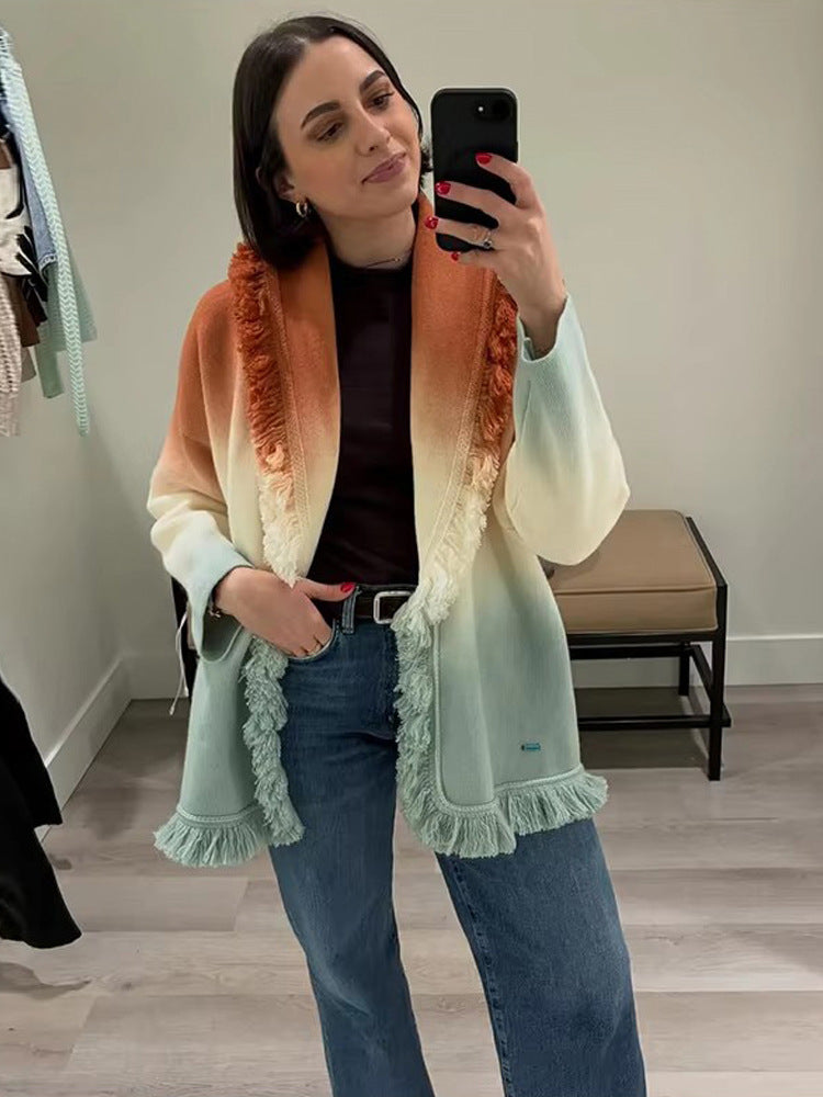 Damen Farbverlauf-Strickcardigan mit Fransen und Schalkragen Nord Taschen