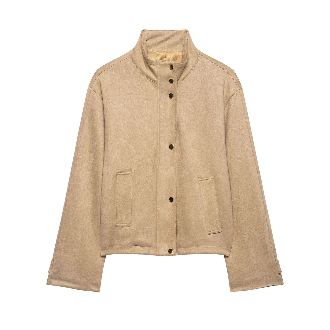 Damen Kurze Boxy-Jacke in Veloursoptik mit Stehkragen und Druckknopfleiste Nord Taschen