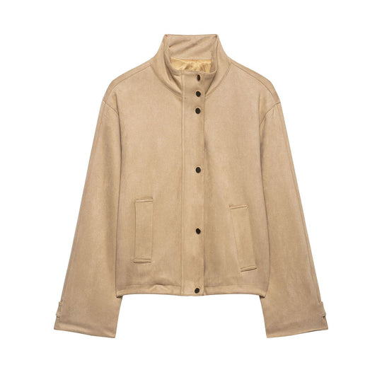 Damen Kurze Boxy-Jacke in Veloursoptik mit Stehkragen und Druckknopfleiste Nord Taschen