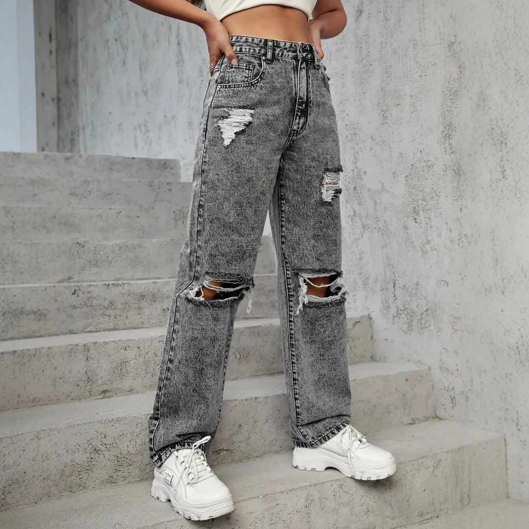 Damen High‑Waist Destroyed Wide‑Leg Jeans mit Knieauschnitten Nord Taschen