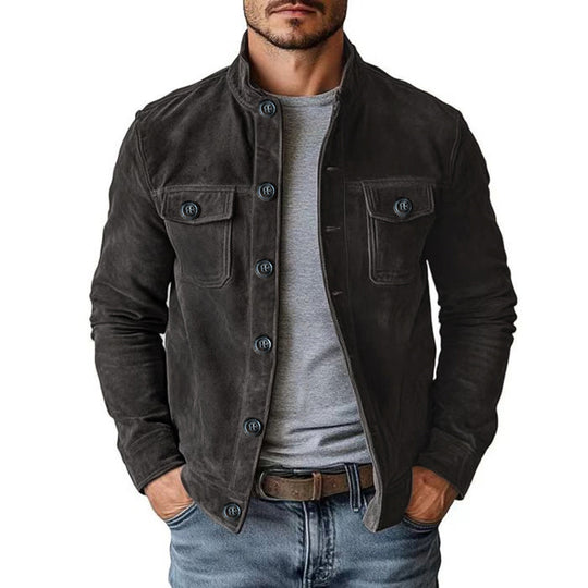Herren Veloursleder-Fieldjacke mit Stehkragen, Pattentaschen und figurbetonter Schnitt Nord Taschen