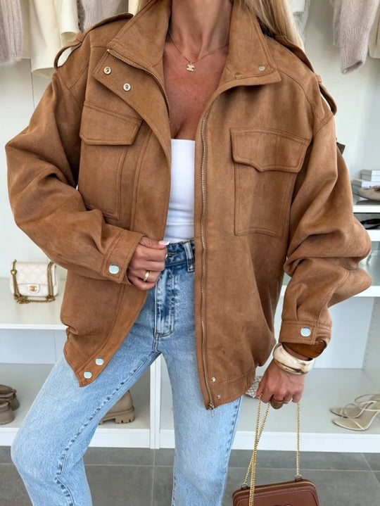 Damen Oversized Jacke in Wildleder-Optik mit Brusttaschen und Epauletten Nord Taschen