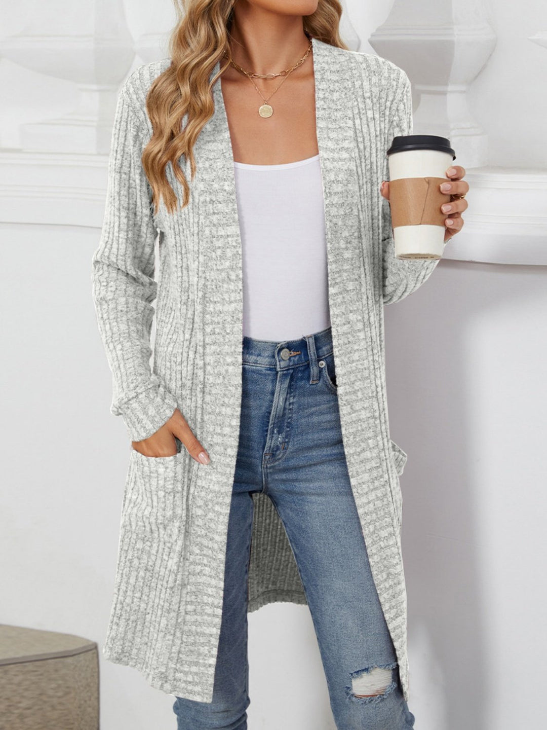 Damen Eleganter Strickcardigan mit offenen Front Nord Taschen