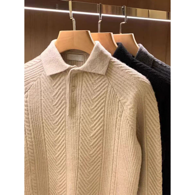 Herren Feinstrick-Polopullover mit halber Knopfleiste und Zopfmuster Nord Taschen