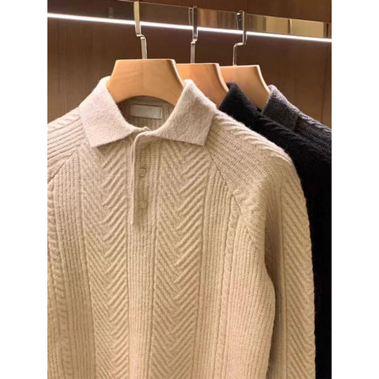 Herren Feinstrick-Polopullover mit halber Knopfleiste und Zopfmuster Nord Taschen