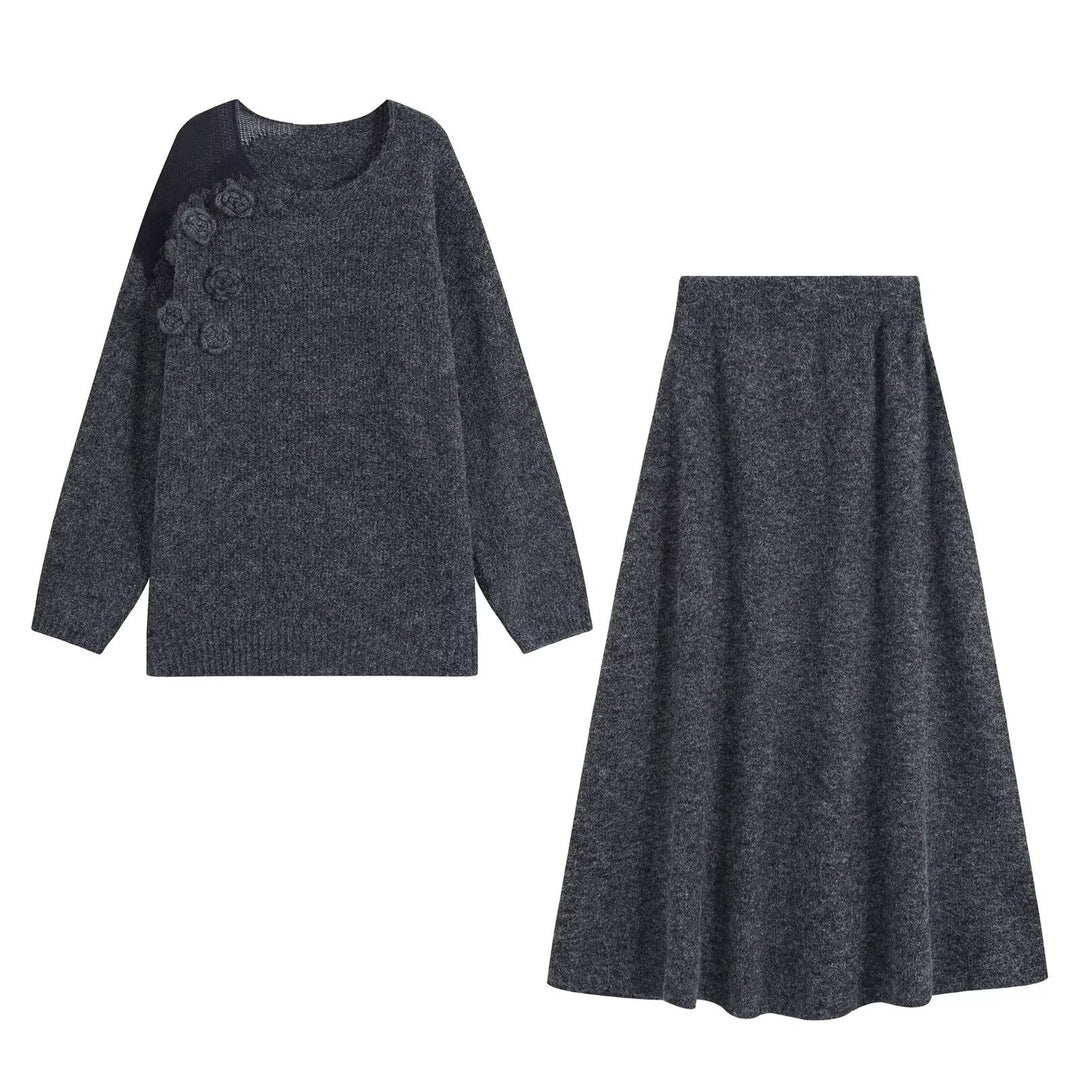 Damen Strickset aus Kuschelpullover mit 3D-Blütenapplikation und A-Linien-Rock Nord Taschen