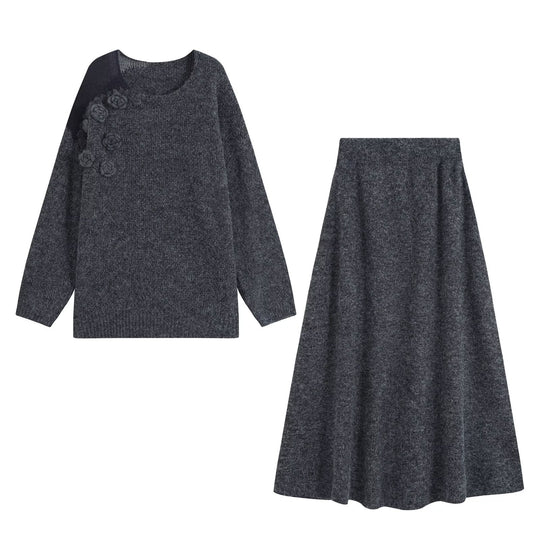 Damen Strickset aus Kuschelpullover mit 3D-Blütenapplikation und A-Linien-Rock Nord Taschen