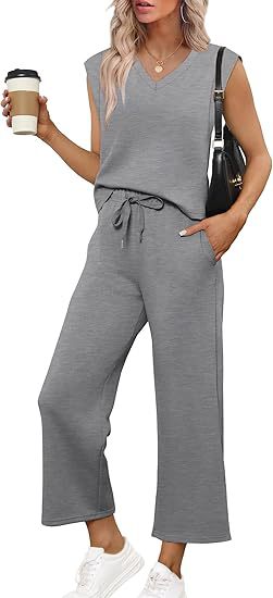 Damen Lässiges Zweiteiliges Lounge-Set mit Ärmellosem V-Neck-Top und Weiten Kordelbund-Hosen Nord Taschen