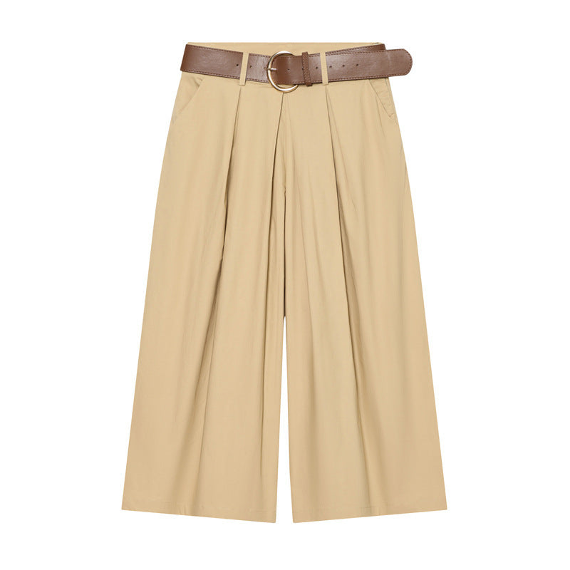 Damen Hochtaillierte Culotte-Hose mit weitem Bein, Kellerfalten und Rundbuckel-Gürtel Nord Taschen