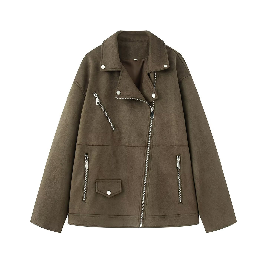 Damen Asymmetrische Veloursleder‑Optik Bikerjacke mit Stehkragen und Zippern Nord Taschen