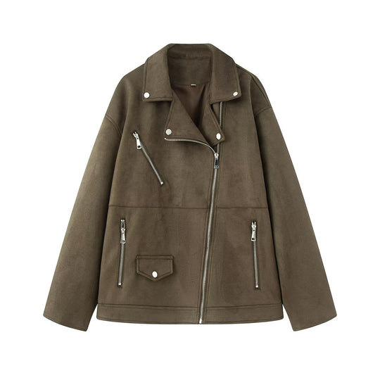 Damen Asymmetrische Veloursleder‑Optik Bikerjacke mit Stehkragen und Zippern Nord Taschen