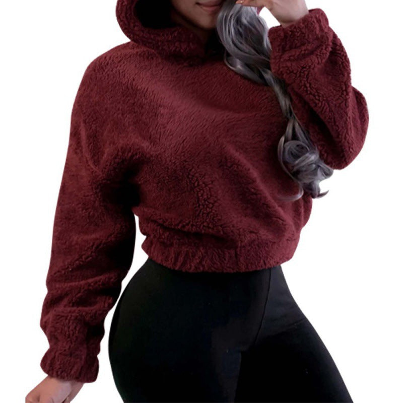 Damen Kurzer Kapuzen‑Sherpa‑Pullover mit Kängurutasche und elastischem Saum Nord Taschen