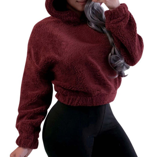Damen Kurzer Kapuzen‑Sherpa‑Pullover mit Kängurutasche und elastischem Saum Nord Taschen
