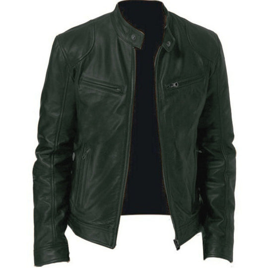 Herren schlanke Echtleder-Bikerjacke mit Stehkragen, zwei Brust-Reißverschlusstaschen und geradliniger Silhouette Nord Taschen