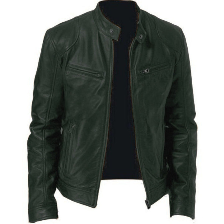 Herren schlanke Echtleder-Bikerjacke mit Stehkragen, zwei Brust-Reißverschlusstaschen und geradliniger Silhouette Nord Taschen
