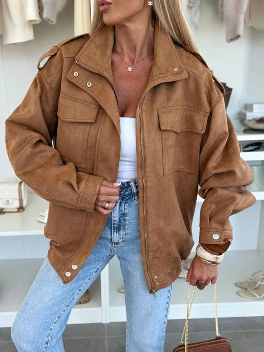 Damen Oversized Jacke in Wildleder-Optik mit Brusttaschen und Epauletten Nord Taschen