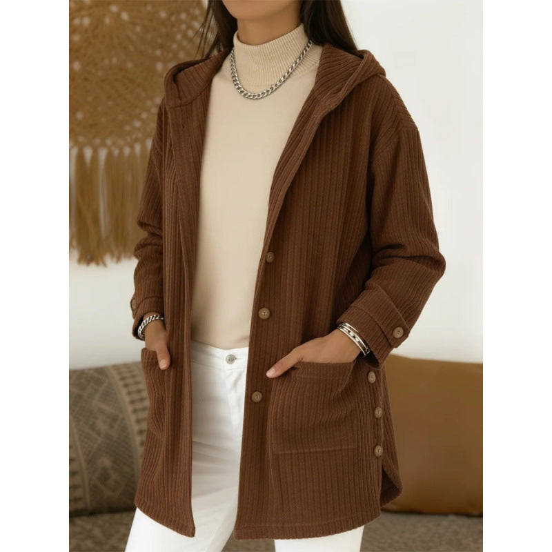Damen Langer Kapuzen-Strickcardigan mit Rippenstruktur, Knopfleiste und Seitentaschen Nord Taschen