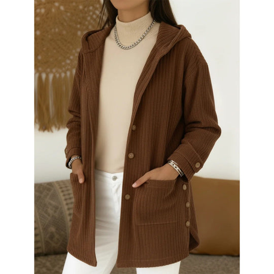 Damen Langer Kapuzen-Strickcardigan mit Rippenstruktur, Knopfleiste und Seitentaschen Nord Taschen