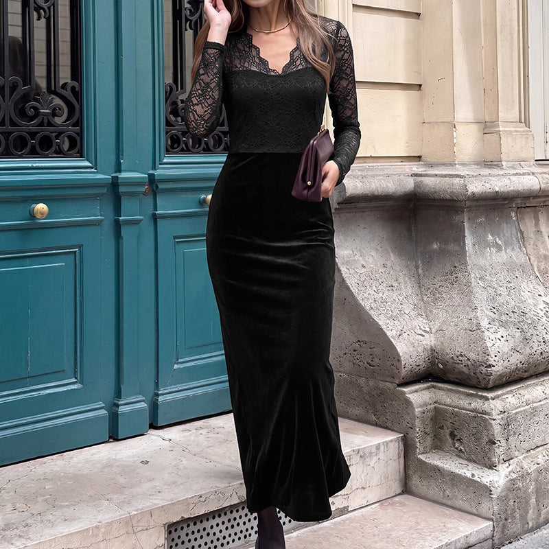 Damen Elegantes Langarm Maxikleid aus Samt und Spitze Nord Taschen