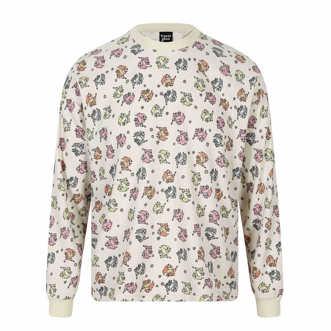 Damen Waffel‑Thermalshirt mit verspieltem Allover‑Print und geripptem Rundhals Nord Taschen