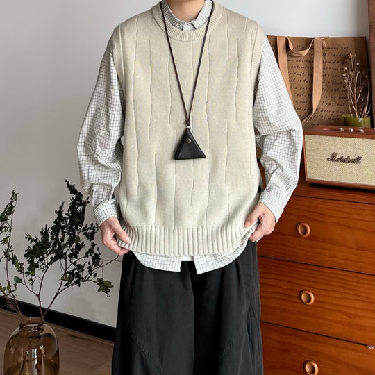Herren Oversized Ärmellose Strickweste mit geripptem Saum und Rundhalsausschnitt Nord Taschen