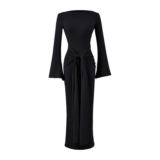 Damen Maxikleid aus Rippstrick mit Trompetenärmeln und Taillen-Knotendetail Nord Taschen
