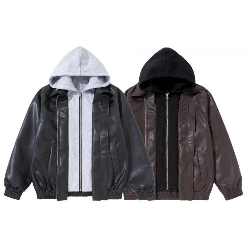 Unisex Oversize Kunstleder-Bomberjacke mit abgesetzter Kapuze, Reißverschluss und elastischem Saum Nord Taschen