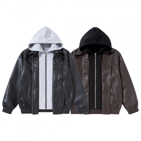 Unisex Oversize Kunstleder-Bomberjacke mit abgesetzter Kapuze, Reißverschluss und elastischem Saum Nord Taschen