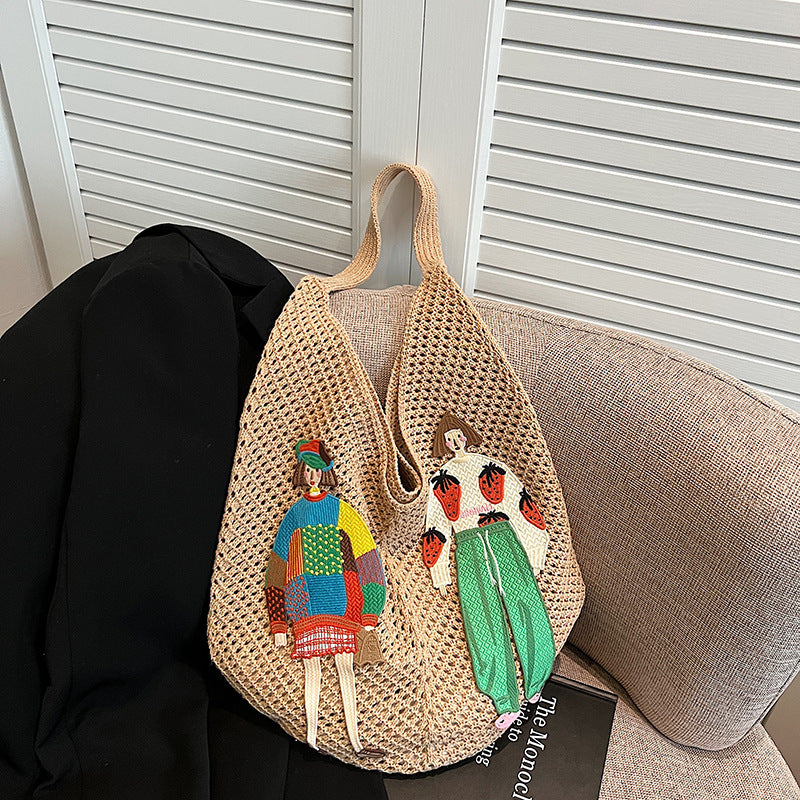 Damen gehäkelte Strandtasche mit bunten Applikationen Nord Taschen