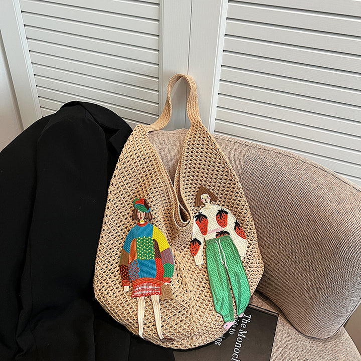 Damen gehäkelte Strandtasche mit bunten Applikationen Nord Taschen