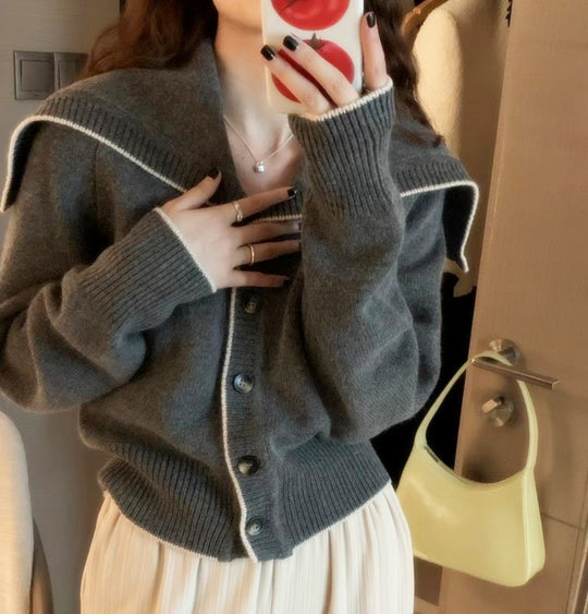 Damen Strickcardigan mit übergroßem Matrosenkragen und kontrastkante Nord Taschen