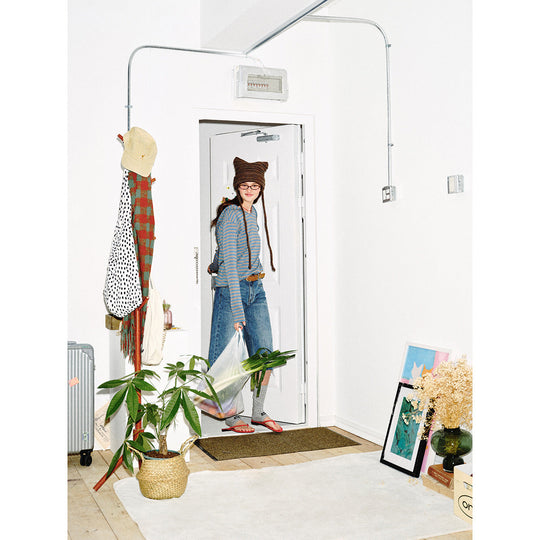 Damen Gestreiftes Langarm-Hoodie-Shirt mit V‑Ausschnitt und Kapuzenband Nord Taschen